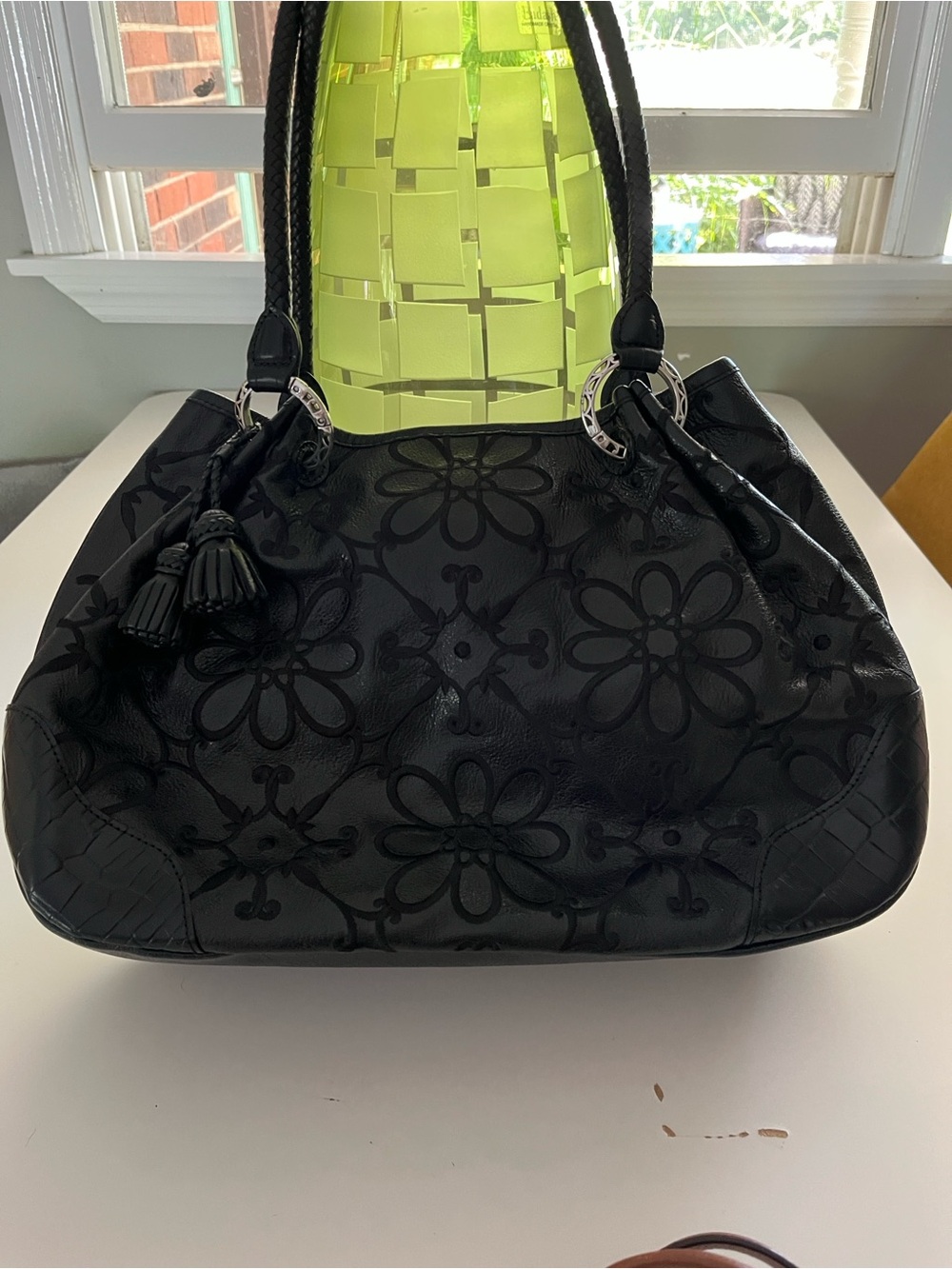 Brighton Valencia Black Floral-Embroidered Shoulder Bag with Tassel Detail